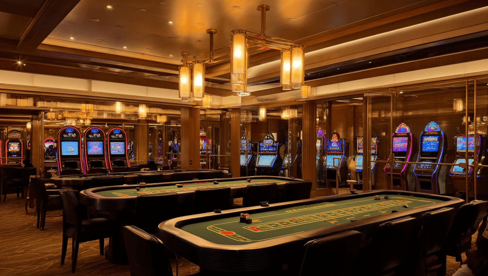 Table games under amber pendants on The Ridge Floor